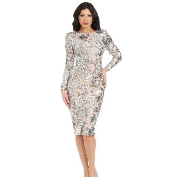 Dress the Population Emmalyn Dress Nude Silver Foliage Floral Print NWD US XS - Picture 2 of 13